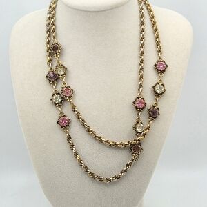 Vintage 32" Gold Tone Long Station Necklace - Faceted Glass Jewels